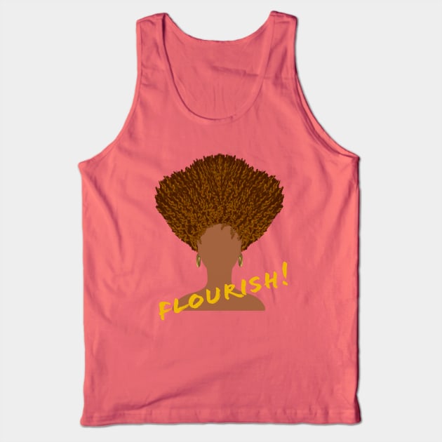 Flourish! Natural Hair Upward Curly Afro with Gold Earrings and Gold Lettering (Purple Background) Tank Top by Art By LM Designs 